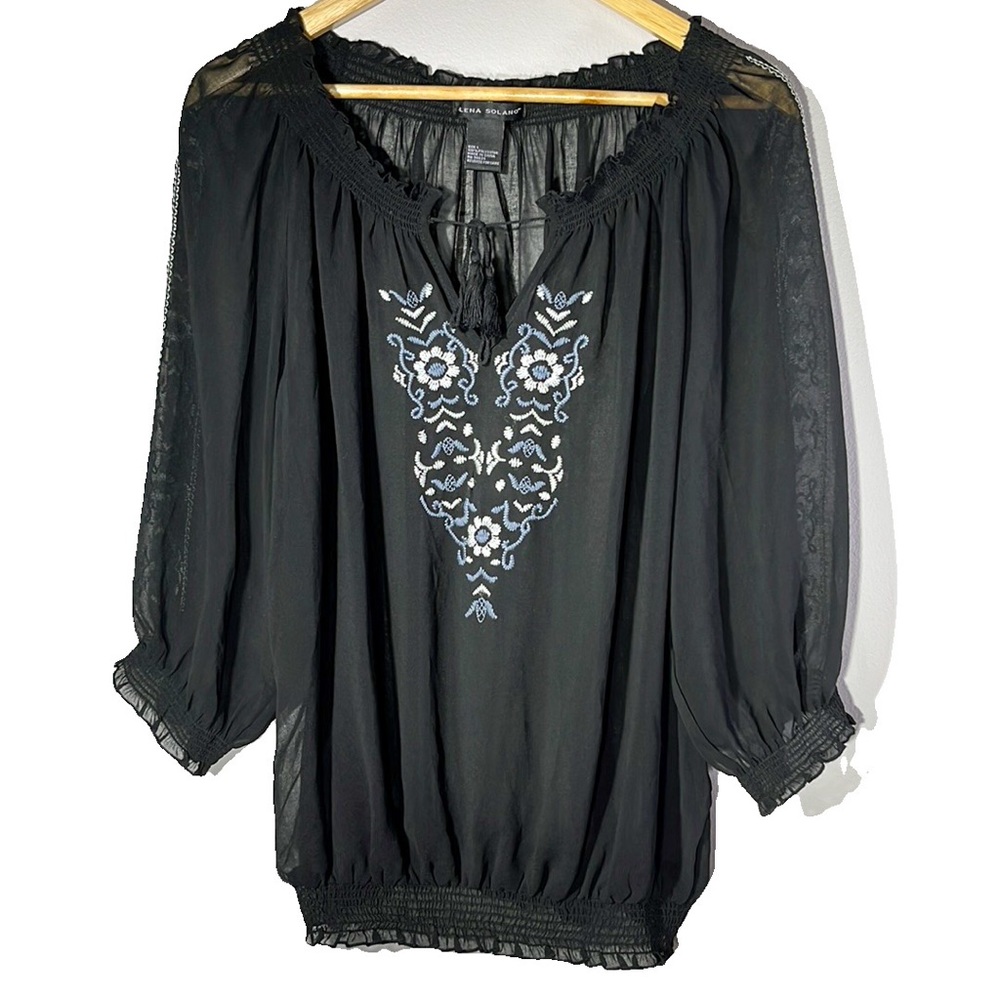 Elena Solano Black Sheer Blouse Embroidered Damask Design Size Large